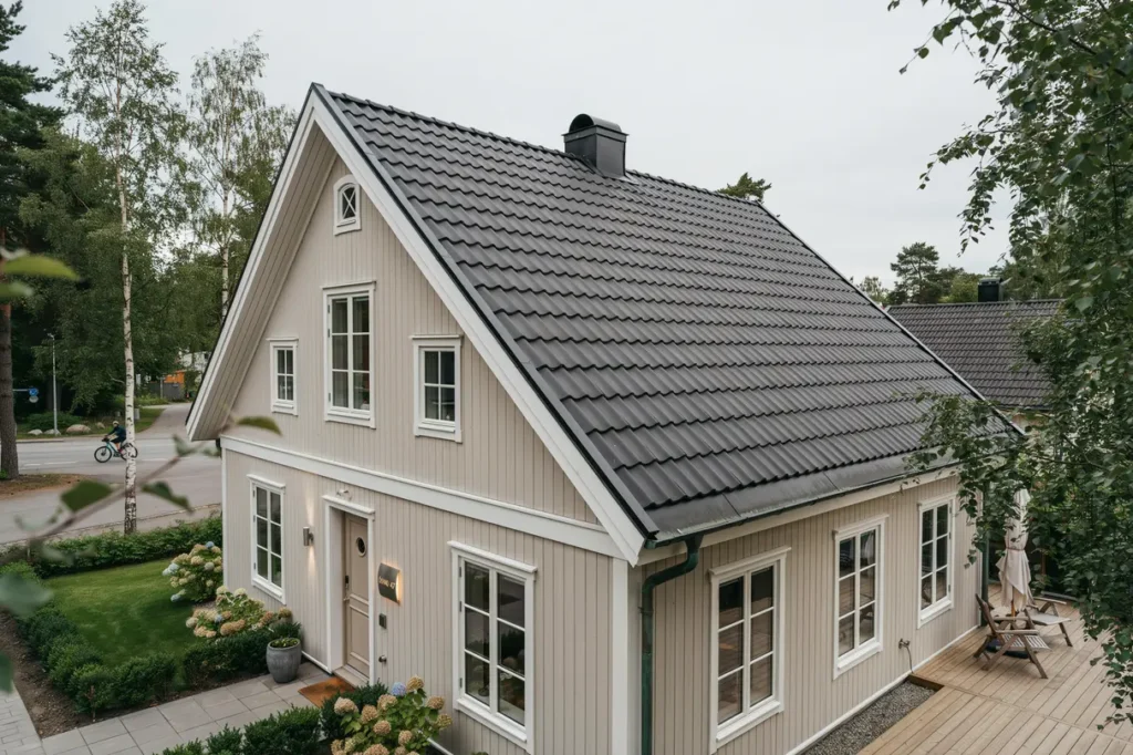 takoml ggning med nya betongpannor p villa i smo